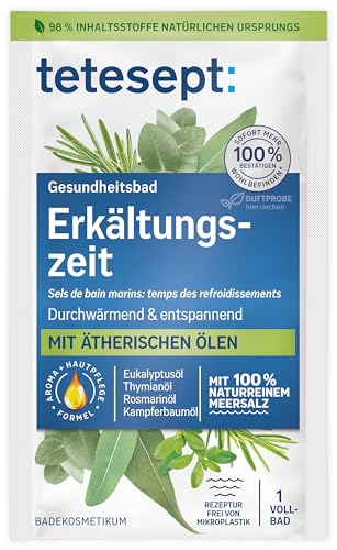 tetesept Meeressalz Erkältungszeit Bad – Gesundheitsbad für die kalte Jahreszeit mit 6 ätherischen Ölen – Wohltuender Badezusatz mit natürlichem Meeressalz – 10 x 80 g im Sale